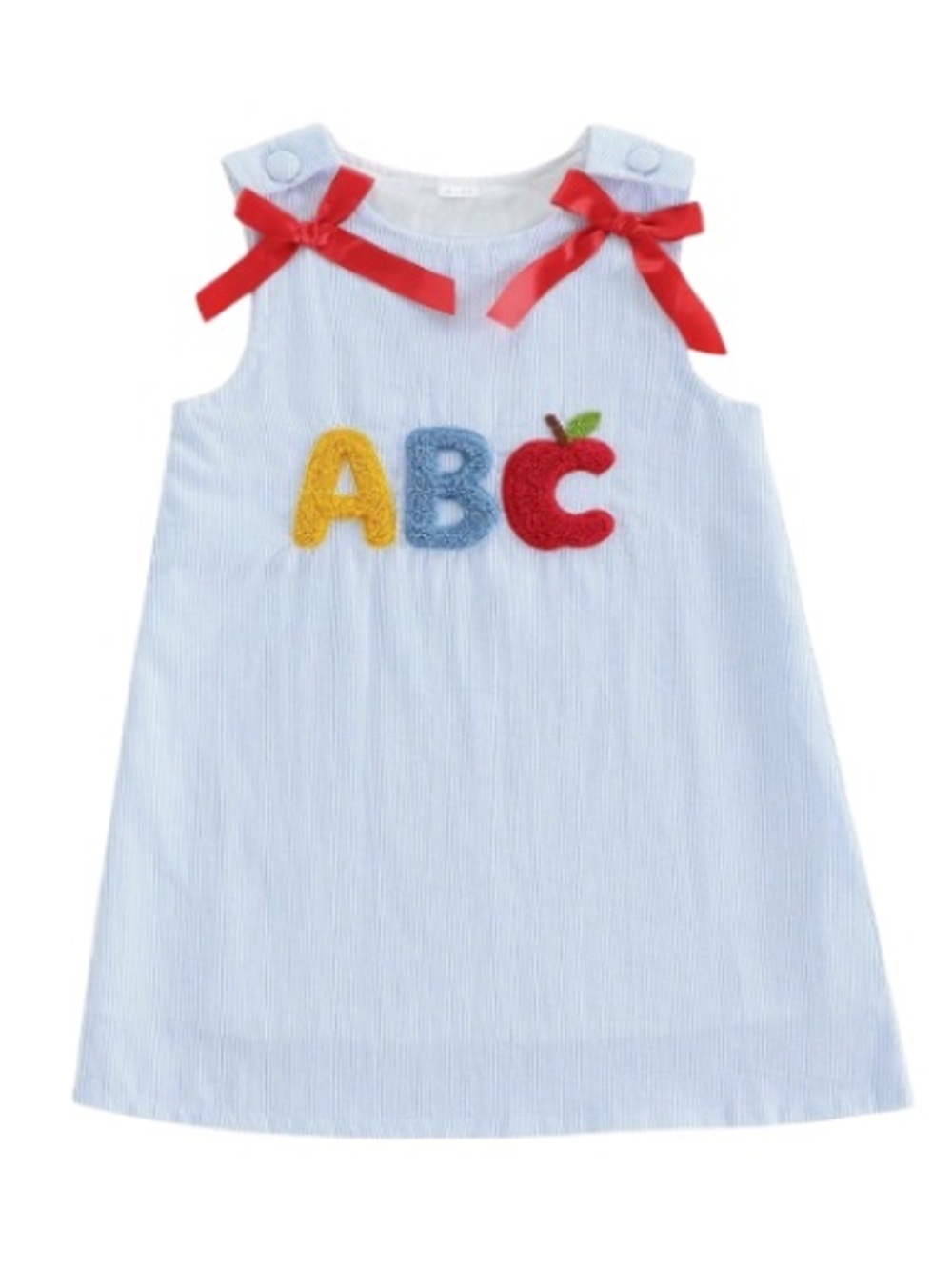 Light Blue ABC Appliqué Girls' Dress with Red Bow Accents NEW Size 5/6